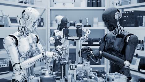 advanced robots engaged in collaborative tasks in a high-tech laboratory environment, showcasing cutting-edge technology and robotics innovation
