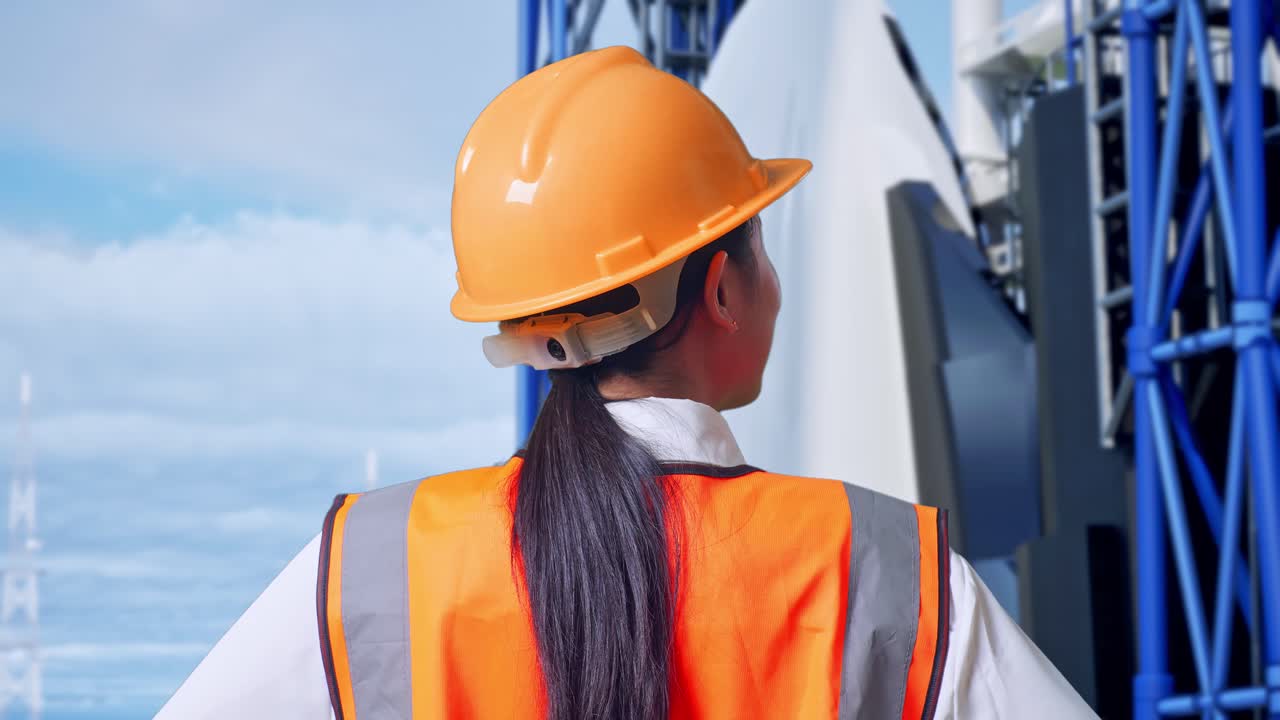 vista posterior cercana de una ingeniera que usa un casco de seguridad mirando a su alrededor mientras está de pie con los brazos akimbo con el transbordador espacial