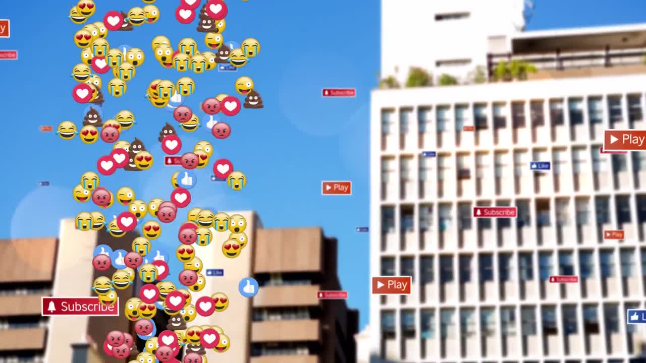 animación de iconos de redes sociales y emojis cayendo sobre el paisaje urbano