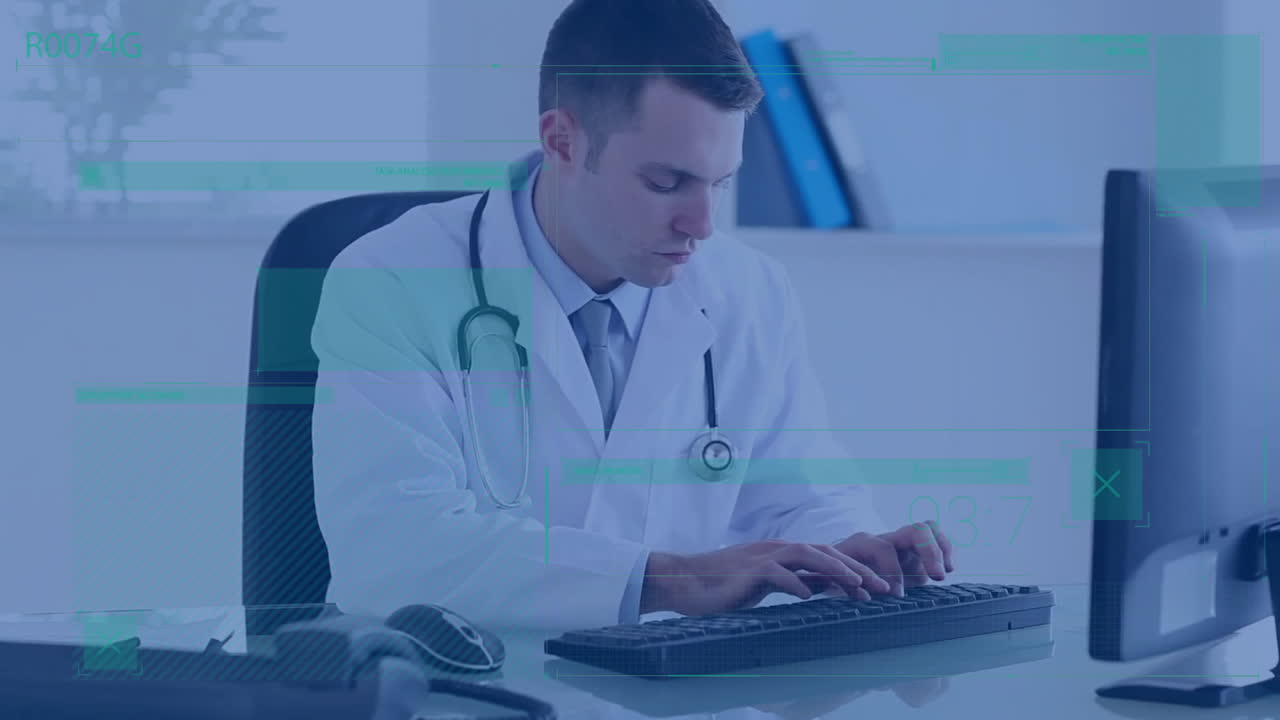 Male doctor typing at desk in medical office, displaying animated health charts and icons