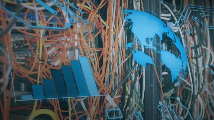 Animation of interface with data processing and round scanner over close up of a computer server