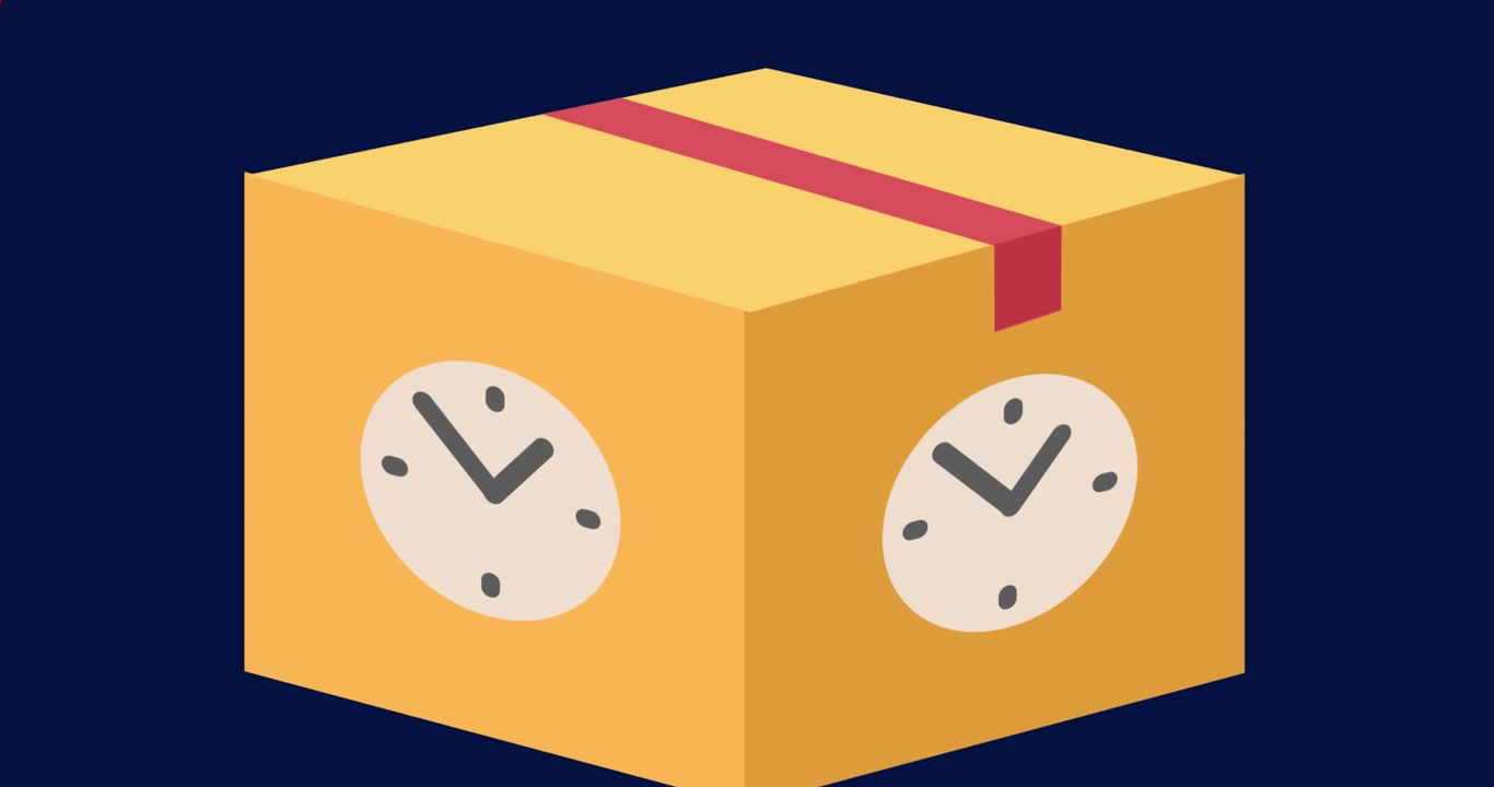 Animation of red shapes over box with clocks on black background
