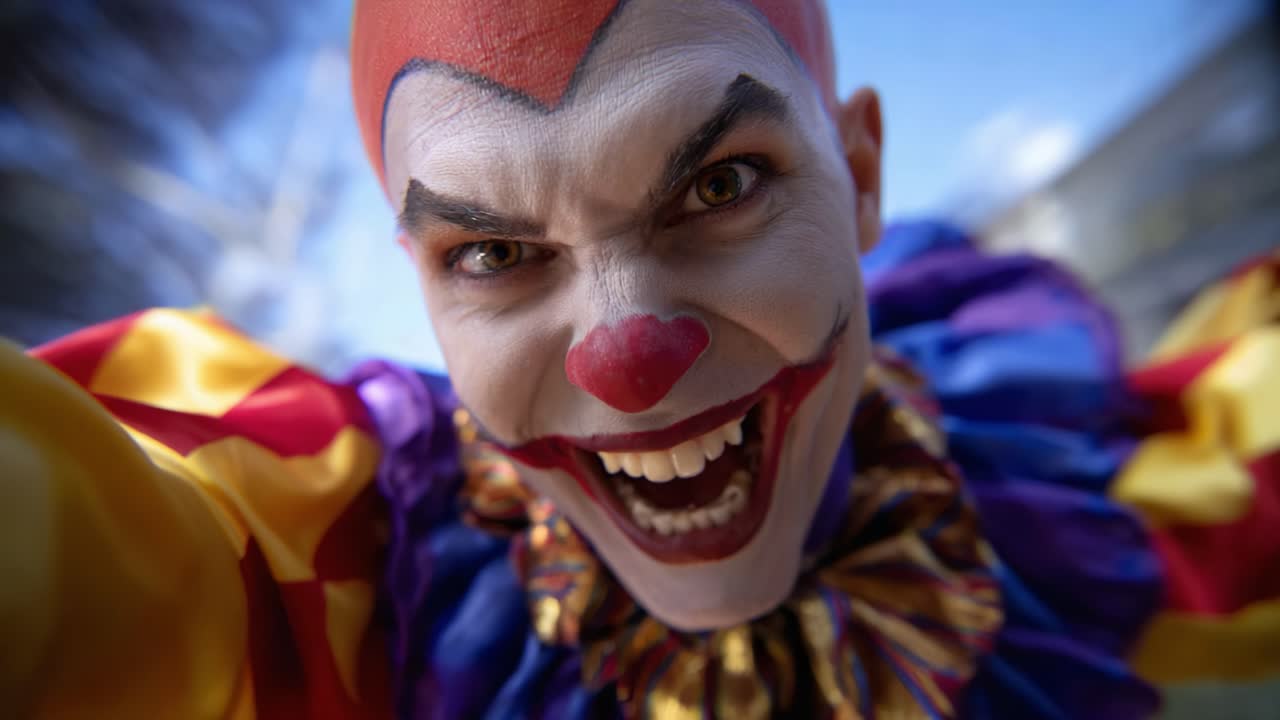 Intensely Expressive Clown Captured in Two Frames, Showcasing Bold Colors, Unique Costume, and Playful Yet Eerie Emotions in an Engaging Selfie Moment