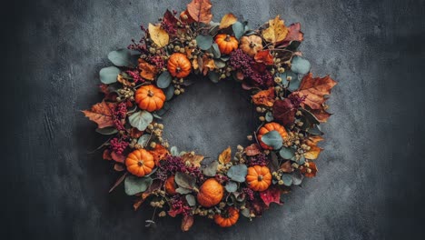 autumn wreath with pumpkins and colorful leaves on dark background