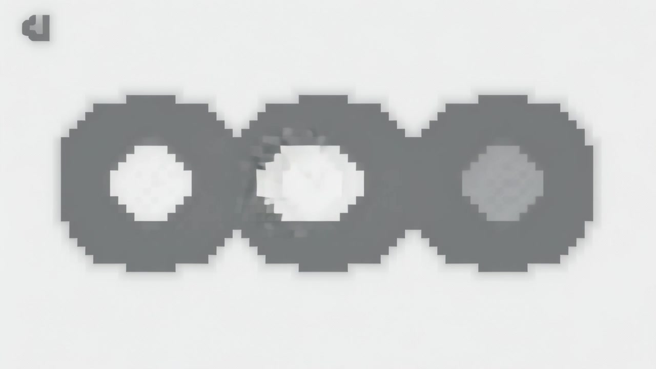 Un bagliore appare e si muove attraverso anelli di pixel su uno schermo grigio, illuminando il foro destro, con il logo in alto a sinistra.