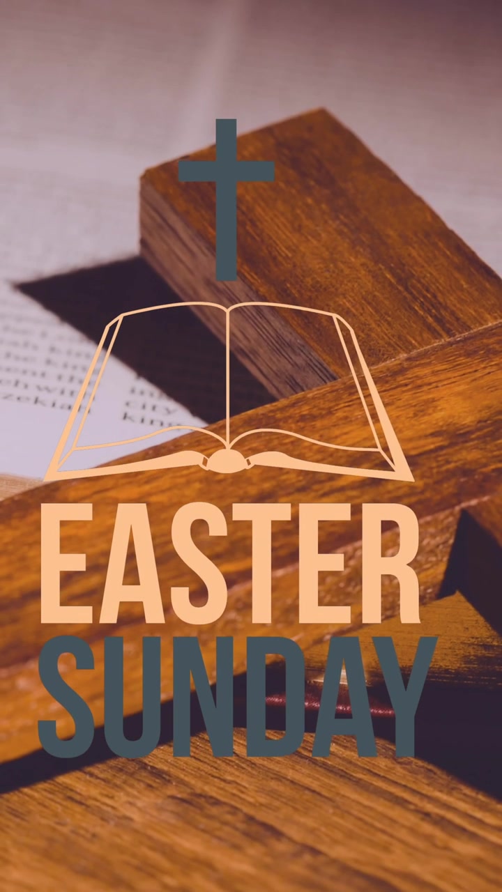Animation of easter sunday over wooden christian cross and bible