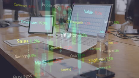 Animation of financial data processing over laptop and tablet on desk at office