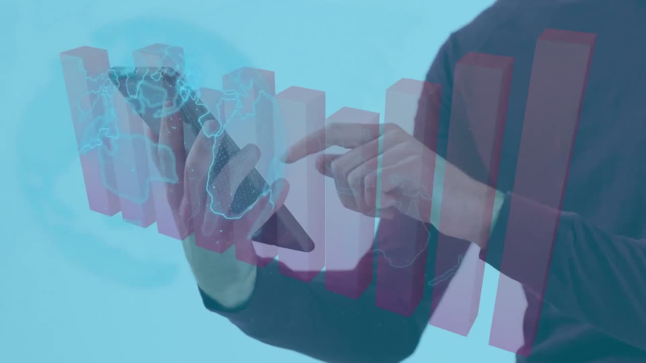 procesamiento de datos estadísticos sobre el globo giratorio sobre el hombre utilizando una tableta digital contra un fondo azul