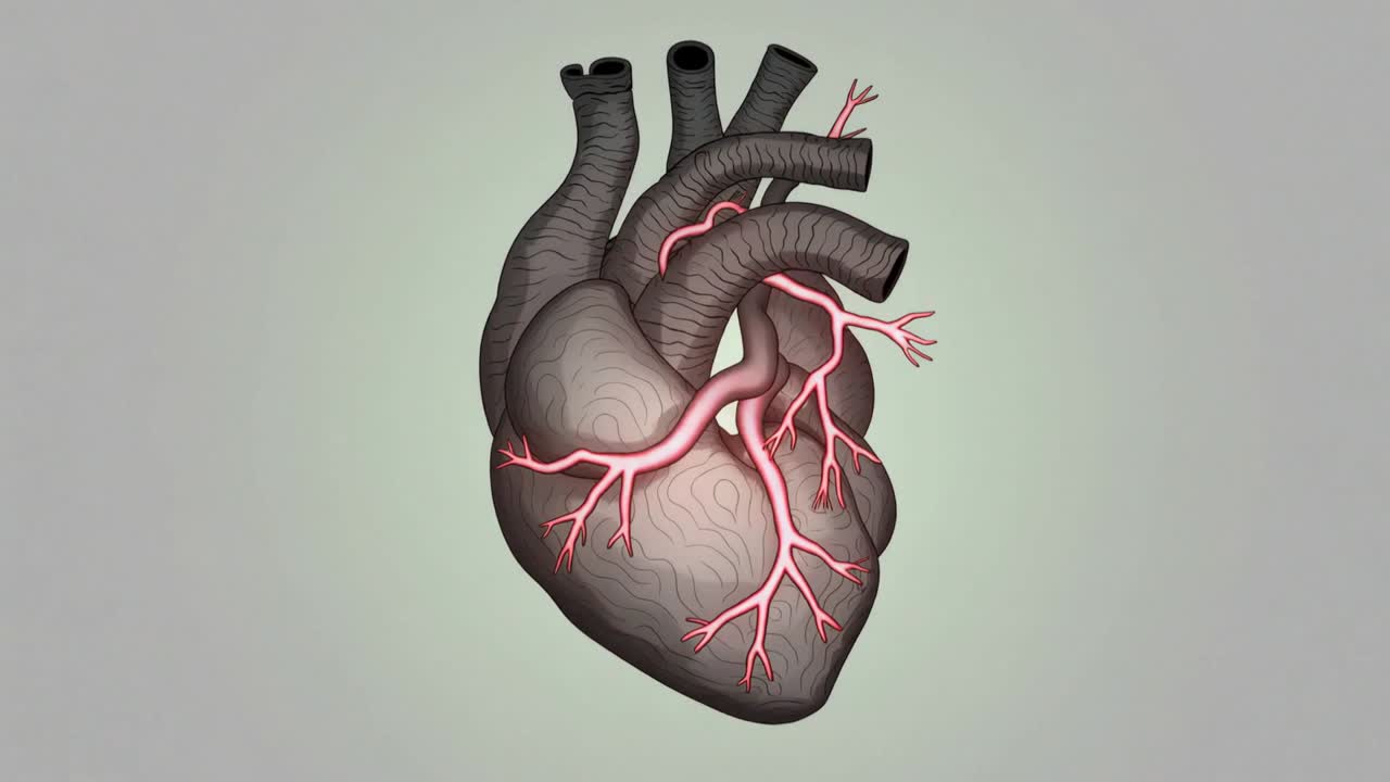 Cuore stilizzato che si sposta, attenuando la luce interna in studio, rivelando la texture dei vasi coronarici.