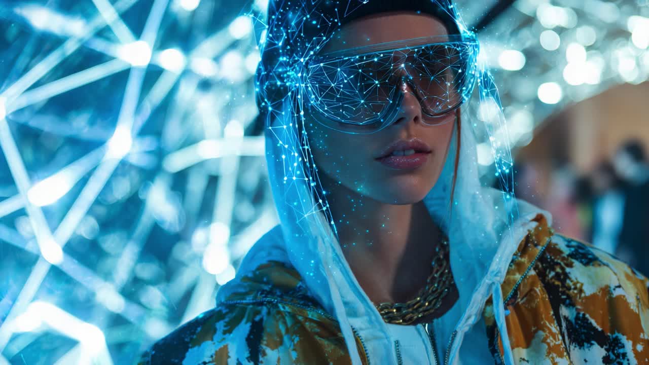 Futuristic Urban Style: A Trendy Individual Dressed in Illuminated Fashion with Innovative Accessories, Surrounded by Neon Lights and Stylish Urban Backdrop, Capturing the Essence of Modern Aesthetics
