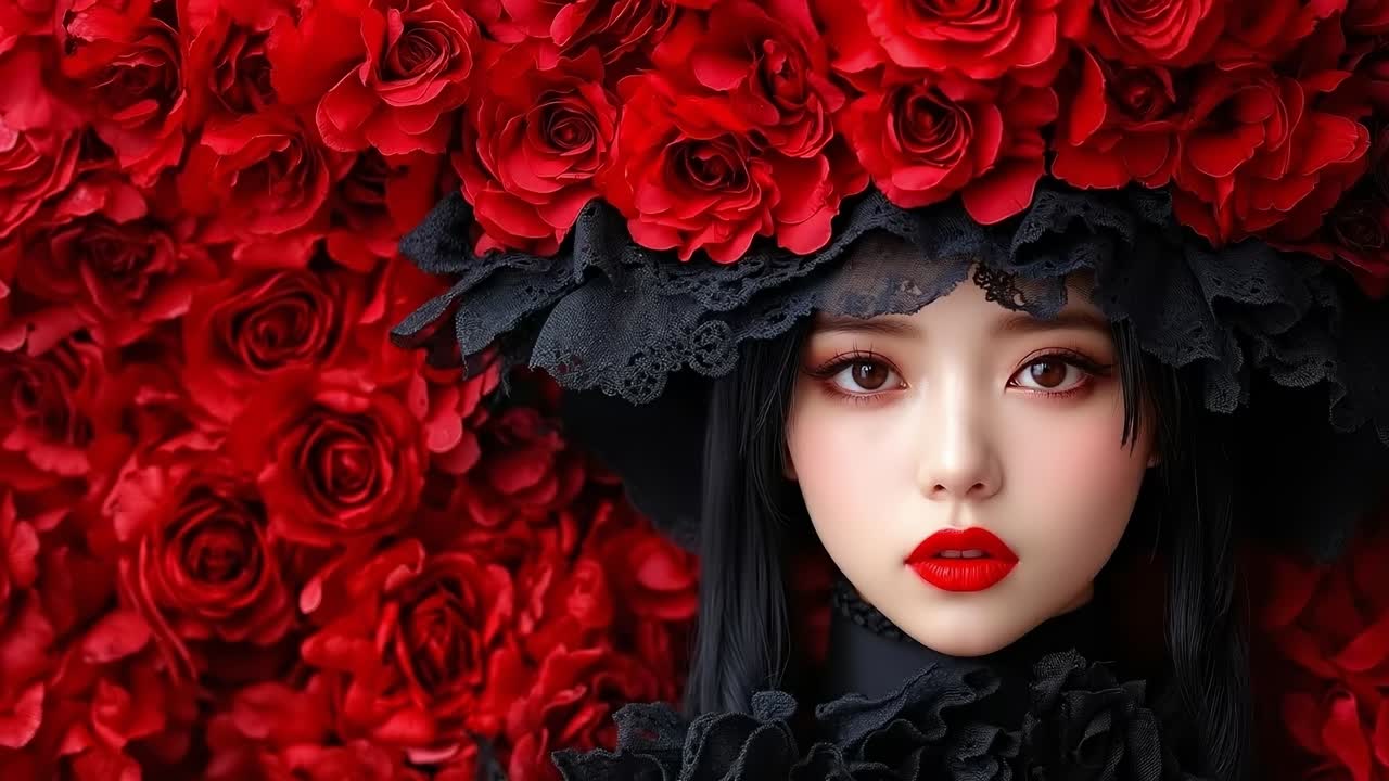 A woman wearing a black hat surrounded by red roses