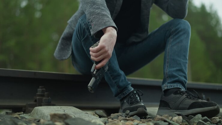 A close view of a person in a gray jacket, blue jeans, and black canvas shoes seated on a rail track, holding a handgun with a finger on the trigger, blurred view of a green forest