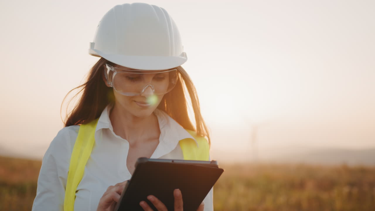ingeniera inspeccionando turbinas eólicas al atardecer