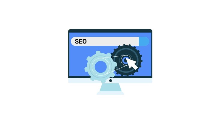 Animated Computer Monitor with SEO Search Bar and Rotating Gears