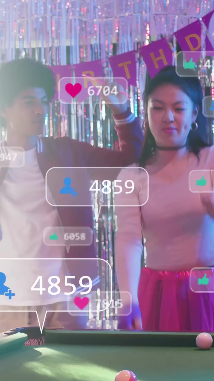 Vertical video: Duo dancing, playing pool at birthday; man starting stream, overlays updating
