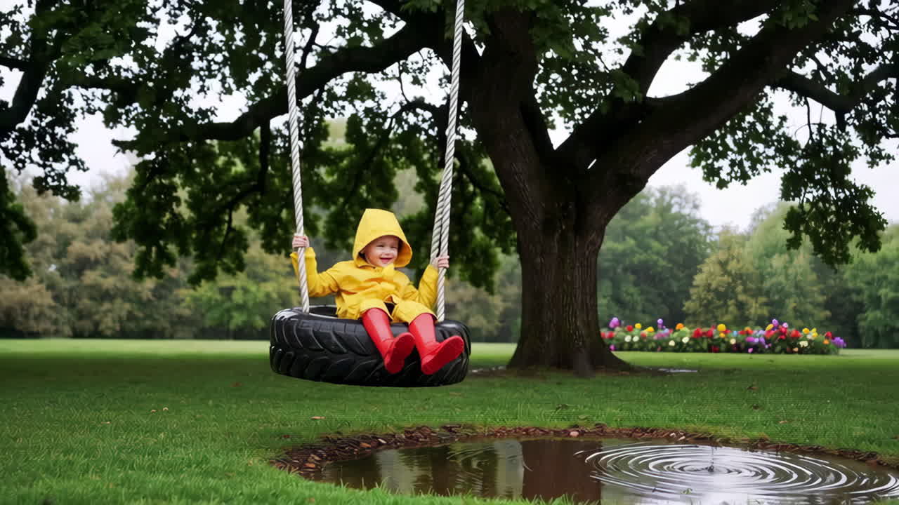Child in yellow raincoat swinging on a tire swing over a puddle