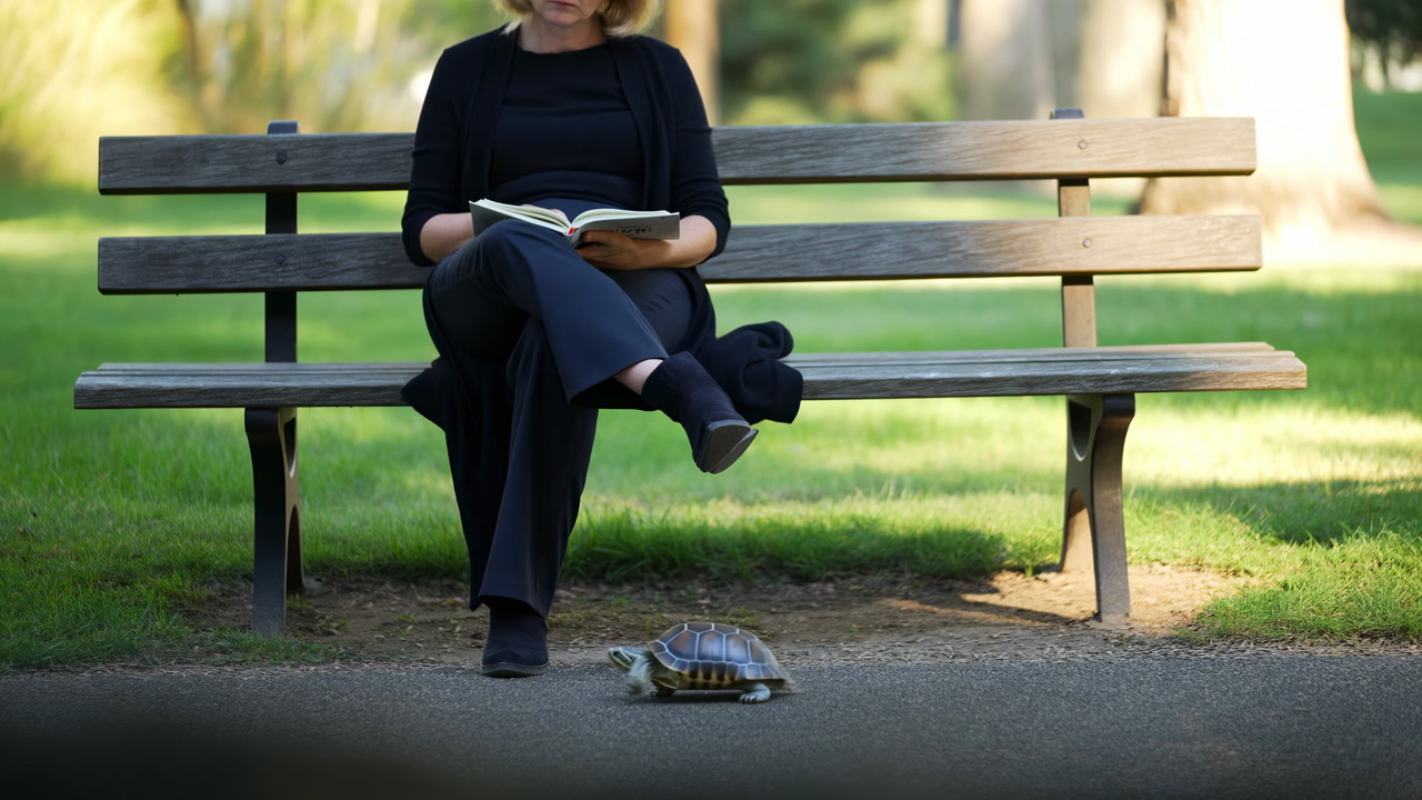 Woman Reading On Park Bench, Office Worker On Break, Turtle Approaching Along Gravel Path, Dappled Sunlight