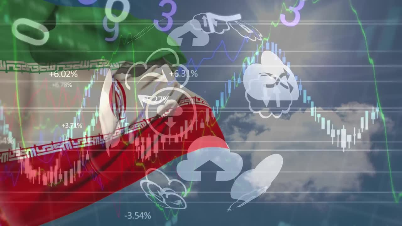 금융 데이터 처리의 애니메이션과 이란의  ⁇ 발 위에 숫자를 가진 지구