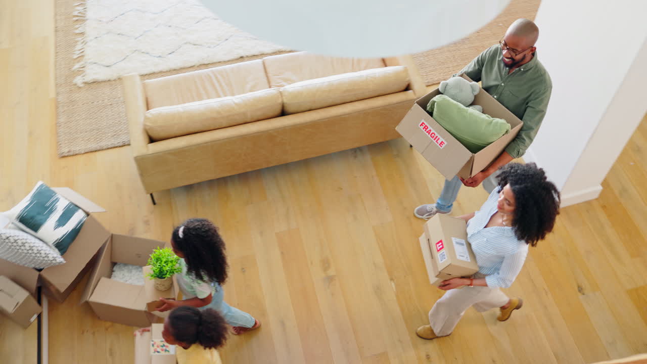 Top view, boxes and family with happiness