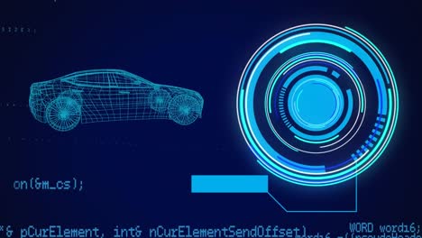 animation of neon round scanner and data processing over 3d car model against blue background