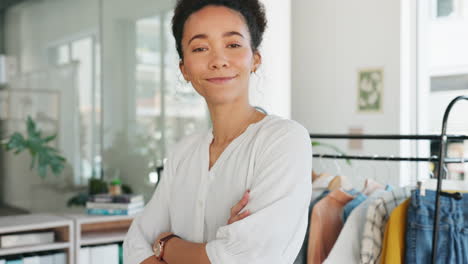 black woman, designer and face in boutique