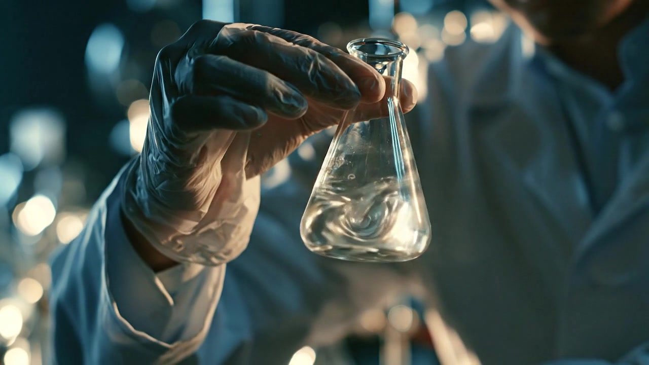Vědec držící a zkoumající Erlenmeyerovu baňku v laboratoři