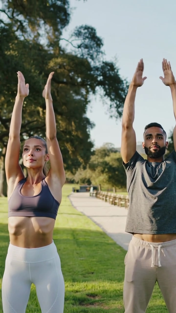 Vertical video: Extending arms after cue, pair raising to prayer on grass for warmup, in activewear