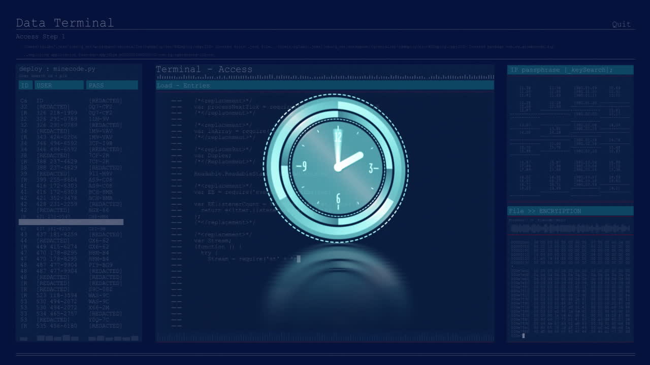 Animazione di orologio digitale su terminale di computer con codifica in corso