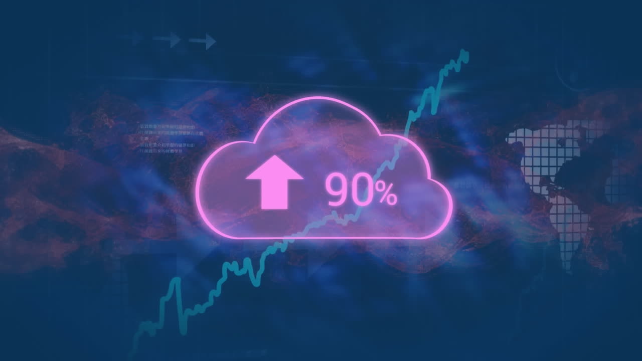 화살표의 애니메이션, 그래프 위의 구름에서 변하는 숫자, 추상적인 배경에 대한 지도