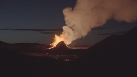 volcano erupting in valley calm dawn iceland 2021