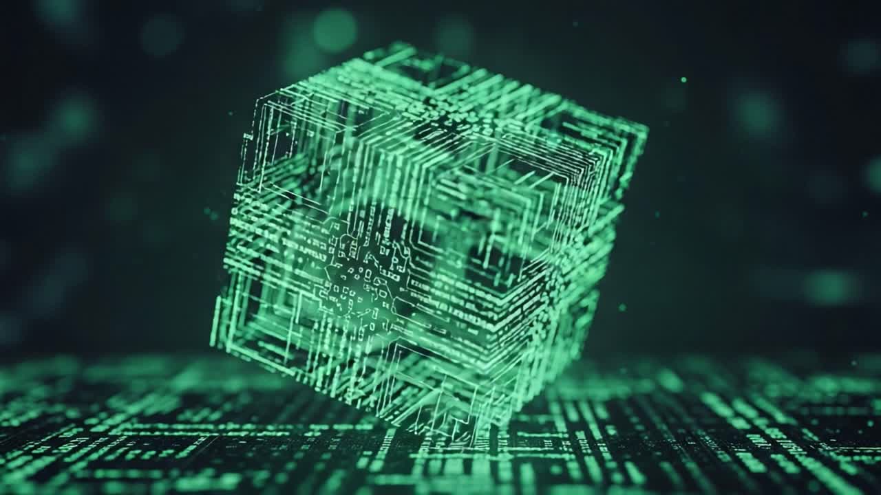 A Dynamic Green Data Cube Floating Above a Digital Background with Interconnected Lines and Patterns Representing the Essence of Technology and Innovation