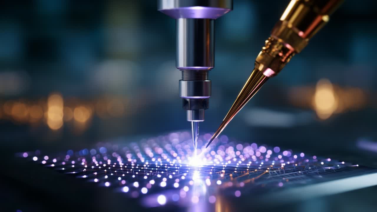 Advanced Precision Technology in Action: Close-Up of High-Tech Laser Equipment Performing Microfabrication on a Sophisticated Surface, Creating Bright Patterns with Laser Beams and Intricate Design Details