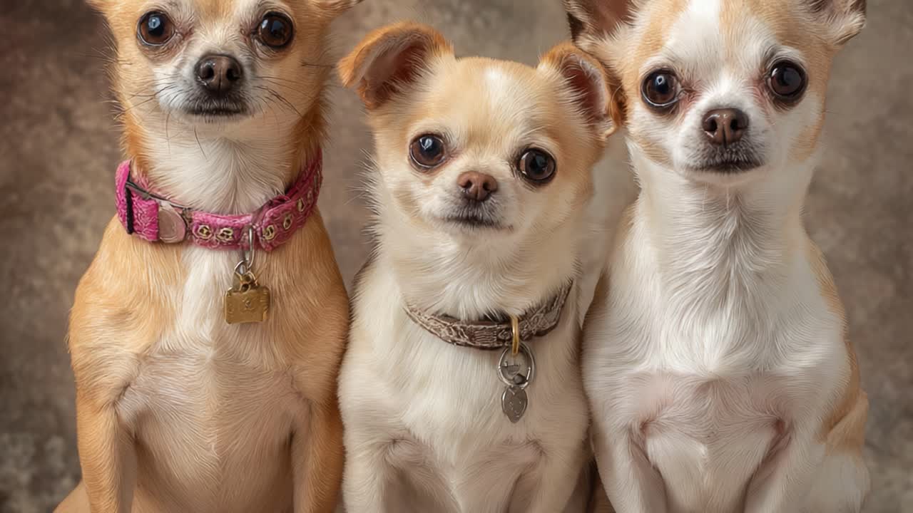 A Heartwarming Trio of Chihuahuas Posing Together in a Charming Photoshoot, Showcasing Their Unique Personalities and Adorable Features in a Captivating Scene