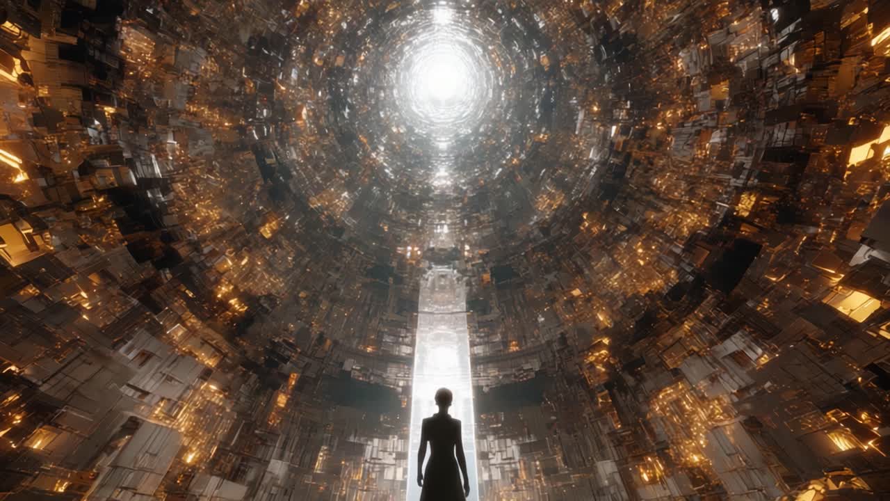 A lone figure stands at the threshold of a mesmerizing tunnel of light and shimmering metallic structures, evoking a sense of exploration and wonder in a futuristic world
