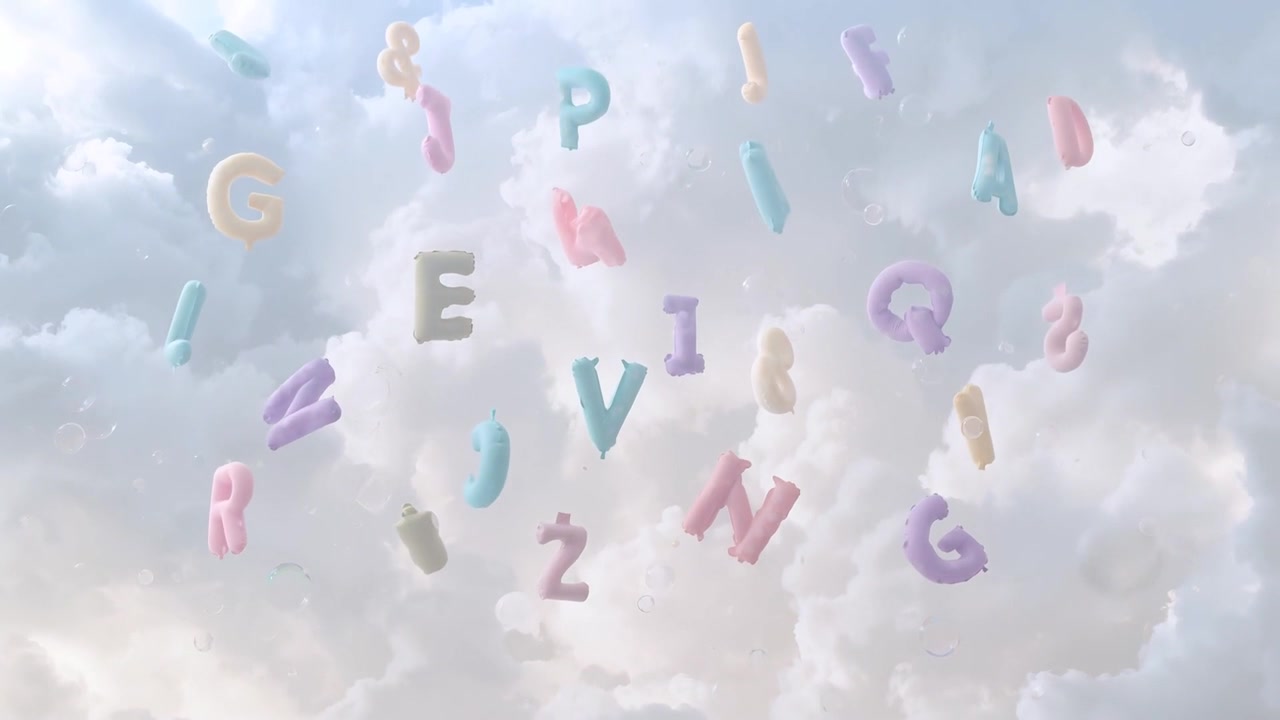 Forming pastel 3D glyphs drifting and rotating outward over clouds, as soft breeze pushing bubbles
