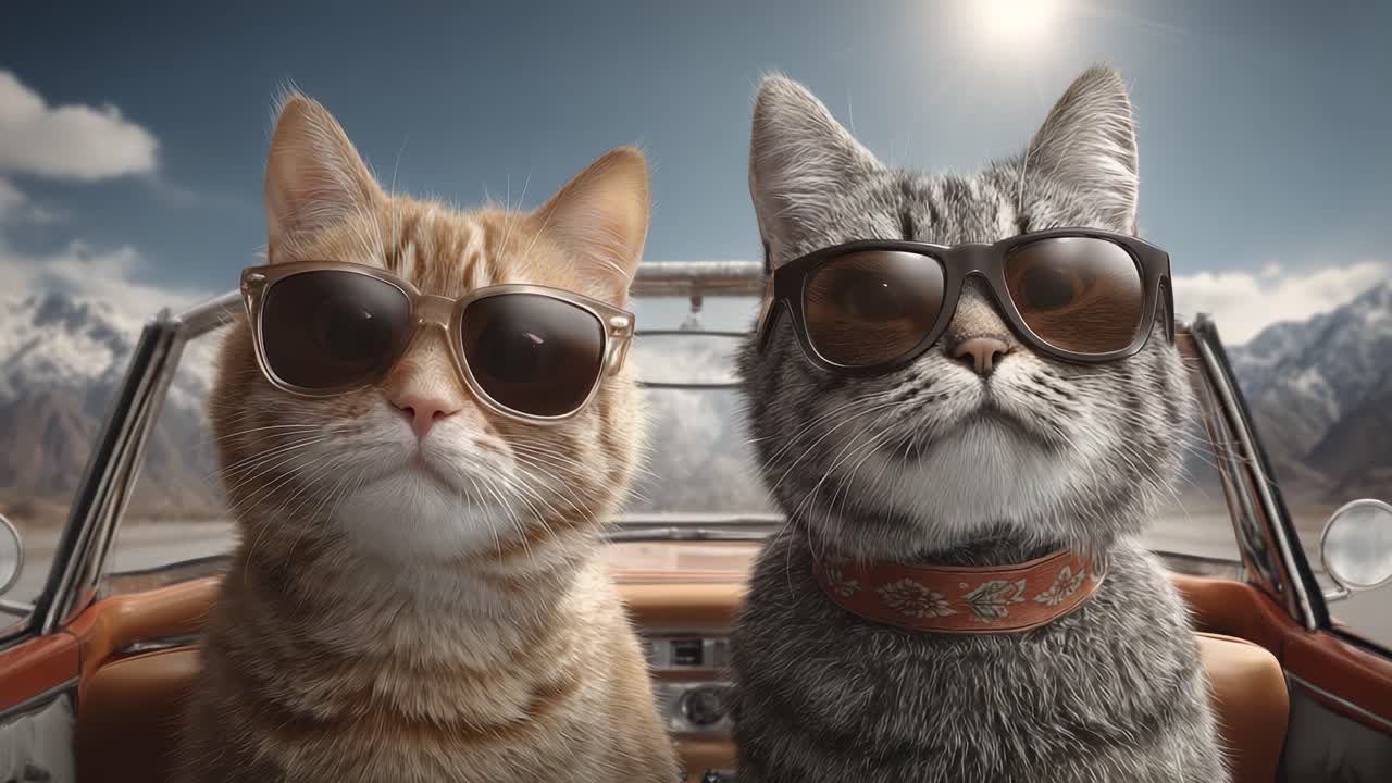 Dua Kucing Bergaya Mengenakan Kacamata Hitam Menikmati Perjalanan Indah dengan Mobil Konvertibel Di Bawah Langit Cerah dengan Pegunungan Megah di Latar Belakang.
