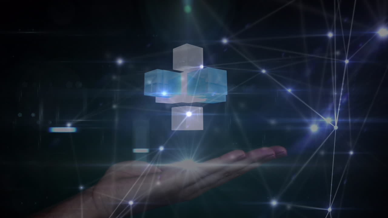 검은색 배경의 백인 여성의 손에 파동과 큐브의 애니메이션