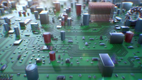 beautiful flight over the circuit board with dof blur. looped 3d animation of computer motherboard close-up. technology and digital concept.