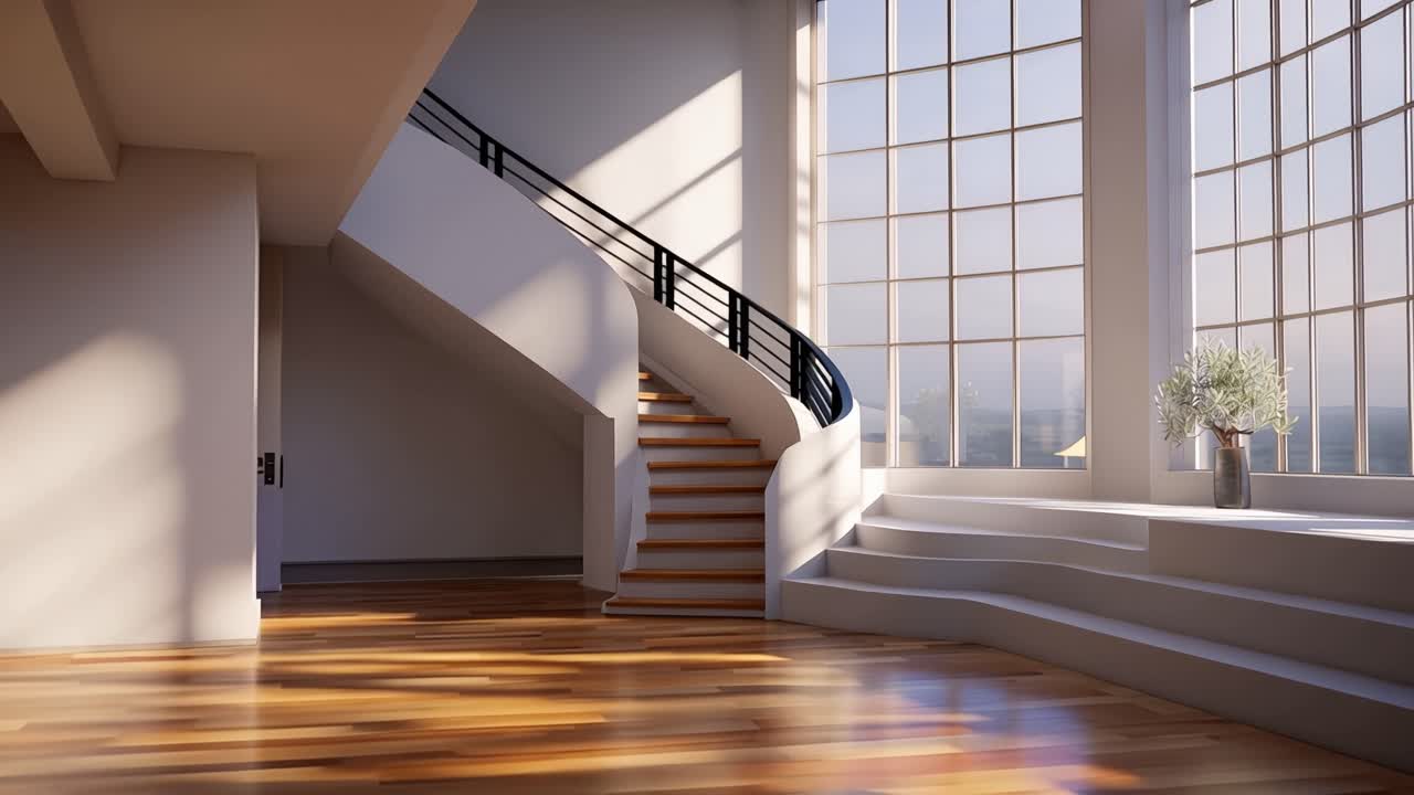 La luce del sole filtra attraverso finestre alte. I pavimenti in legno riflettono raggi caldi e dorati. Una scala curva sotto un soffitto elegante. Una pianta solitaria è posata su un piedistallo bianco. La quiete sussurra attraverso il vuoto.