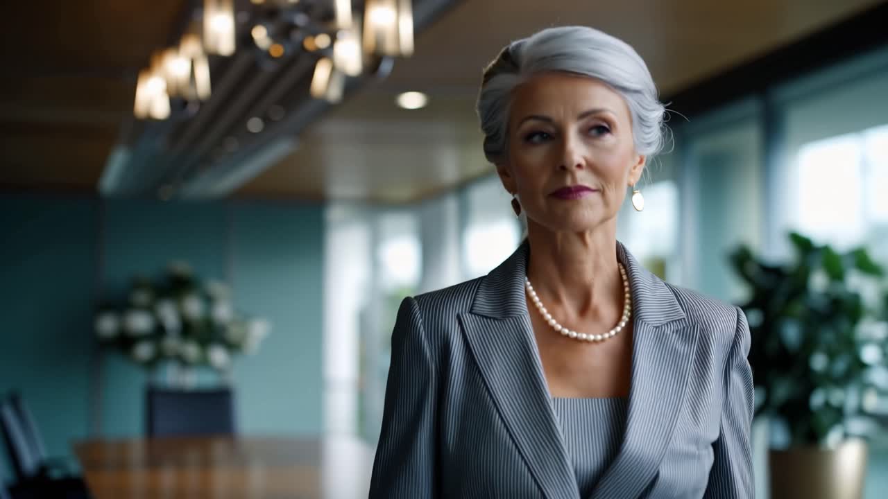 Una donna sicura di sé si sistema il blazer in una moderna sala conferenze. Con i capelli grigi pettinati ordinatamente, indossa un'elegante collana di perle. La sua espressione calma trasmette autorità e compostezza. Ideale per la leadership aziendale.