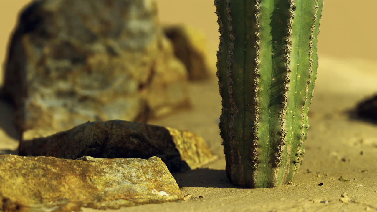 Cactus stands tall among rocks in arid desert landscape during golden hour