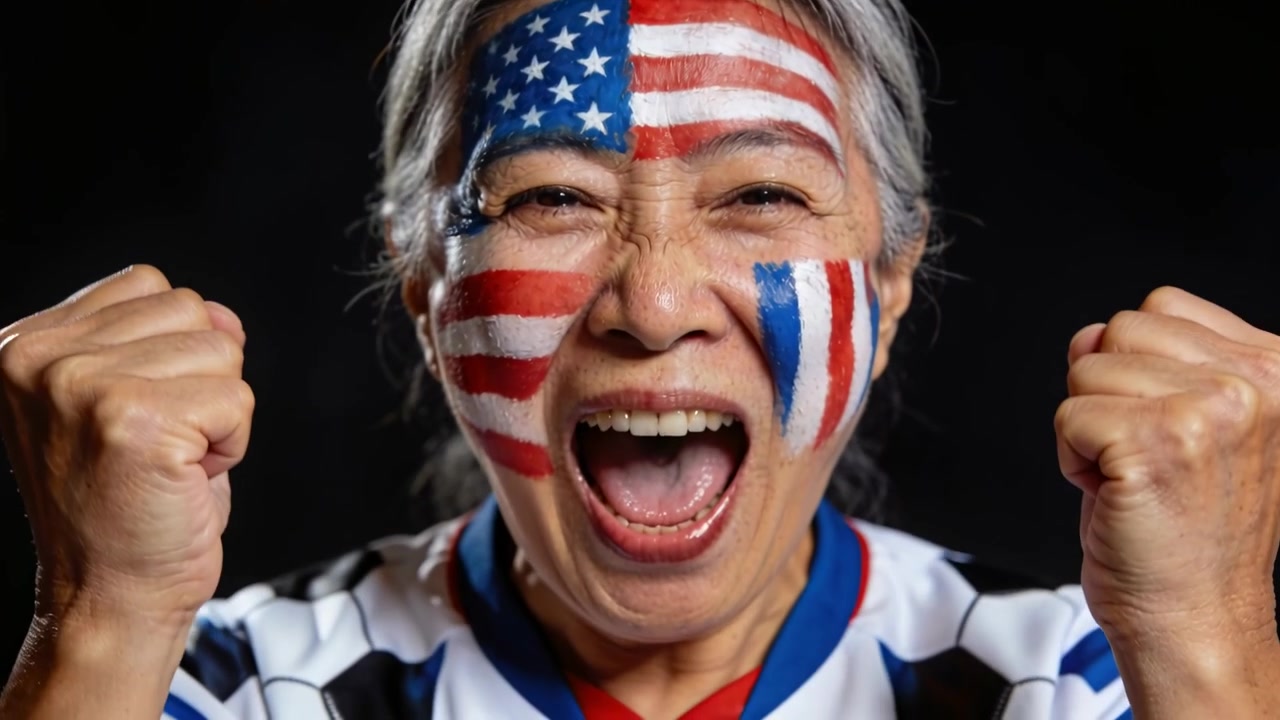Torcedor esportivo asiático idoso torcendo, reagindo a um gol, levantando os punhos em estúdio, com pintura facial de bandeira e camisa.