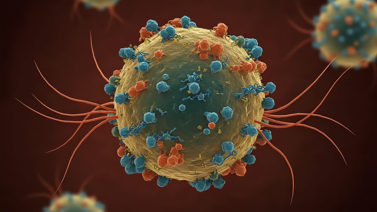 A Detailed Examination of a Cell with Complex Structures and Vibrant Colors, Highlighting Its Interactions and Unique Characteristics in a Microscopic World