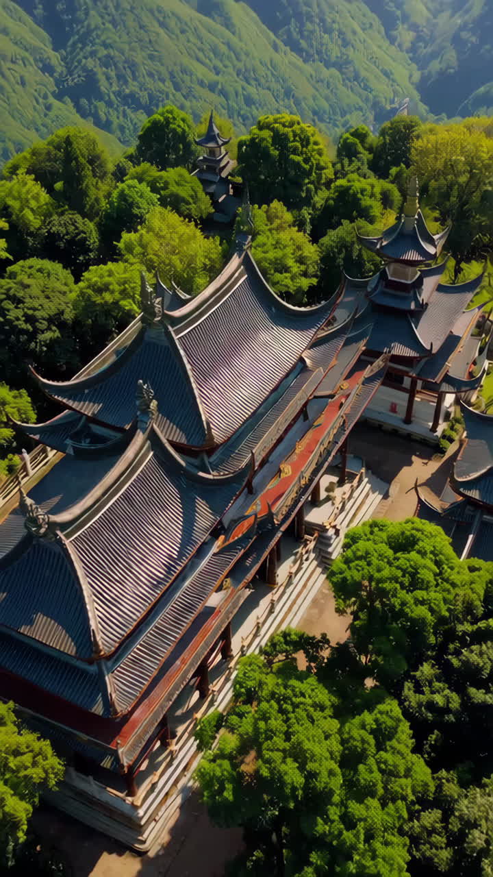 Aerial View of a Chinese Temple in the Mountains