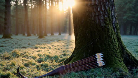 sunrise in the forest with bow and arrows