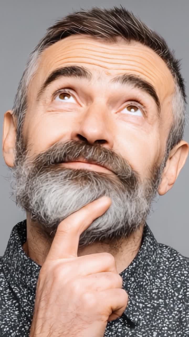 Un uomo pensieroso che contempla idee con un'espressione curiosa: Un ritratto di riflessione e creatività catturato in due fotogrammi