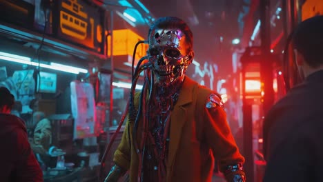 cybernetic figure in a neon-lit cyberpunk city