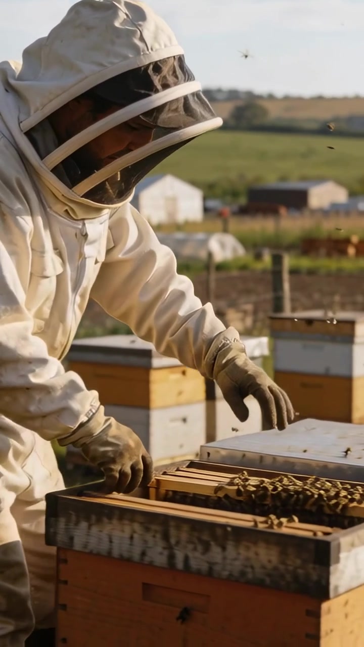 Video verticale: Apicoltore in tuta che cammina verso l'arnia, rimuovendo il coperchio, ispezionando i telaini e controllando le api.