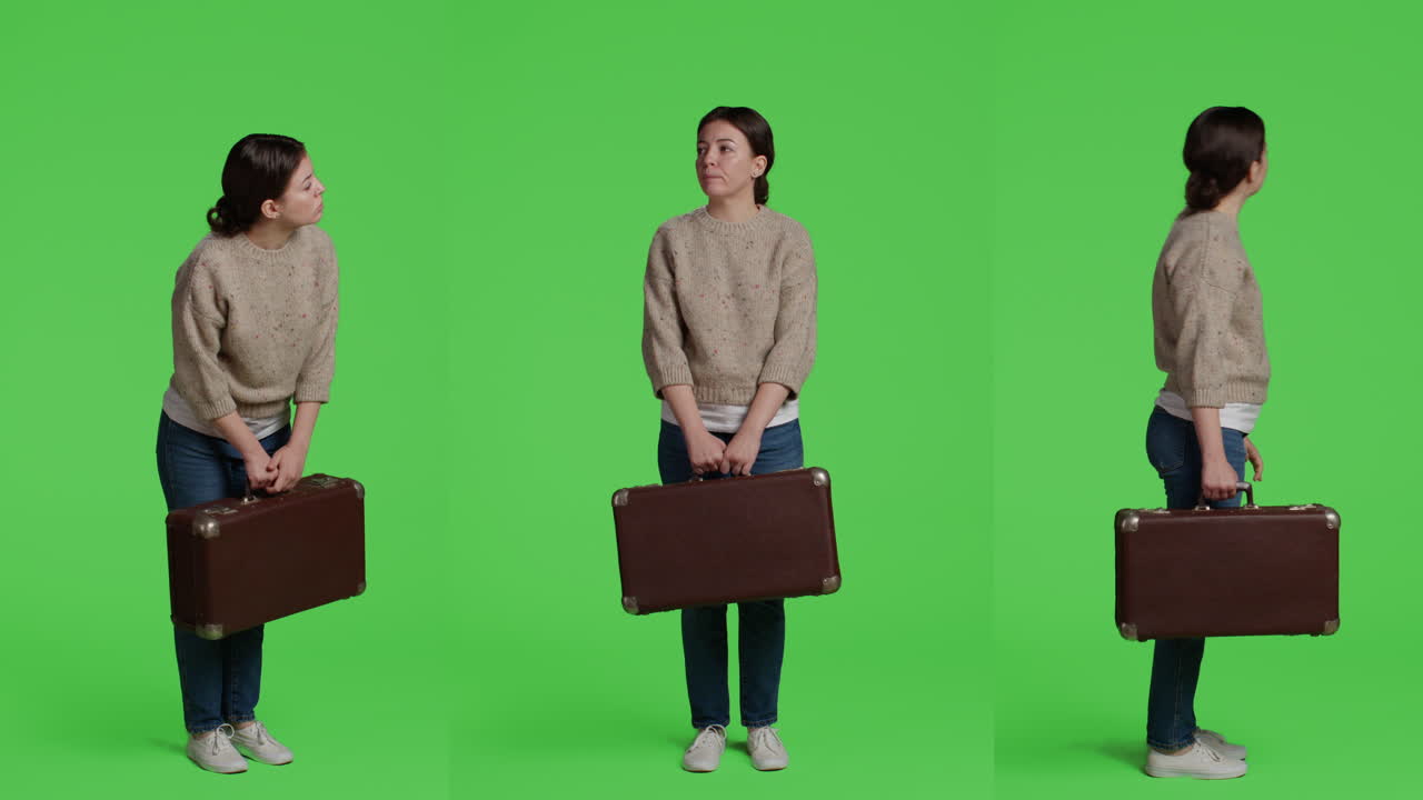 Woman with Vintage Suitcase on Green Screen