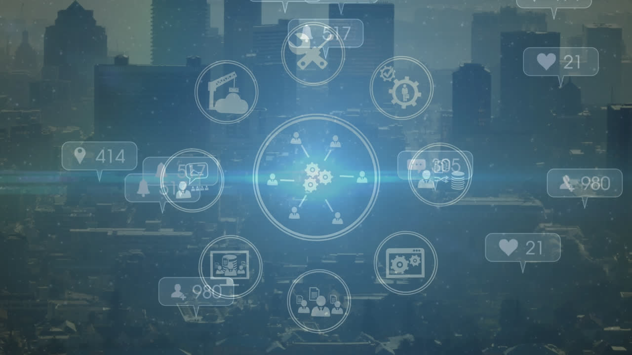 소셜 미디어 아이콘과 디지털 아이콘의 애니메이션은 도시 풍경의 공중 시야에 반영됩니다.